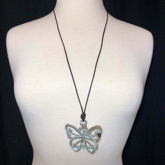 Patina Butterfly Open Rustic Long Cord Necklace - Picture 2 of 3